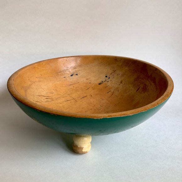 Franken Other - Franken Primitive Vintage Wood Bowl Painted Green Footed Pedestal Legs